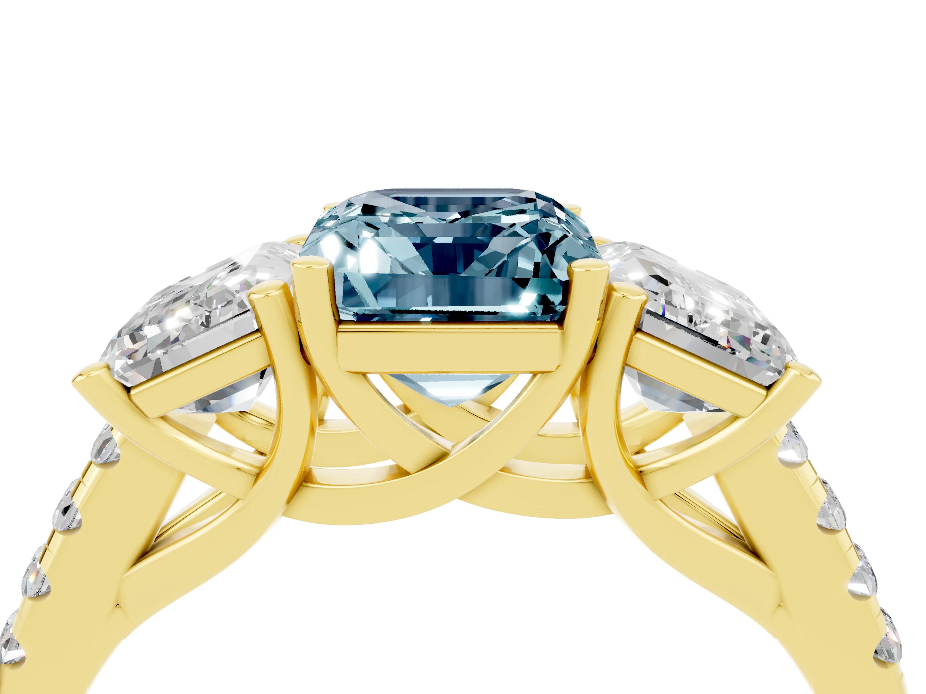 Yellow gold Three-Stone Emerald Cut Aquamarine Ring with Pavé Band and Prong Setting_16