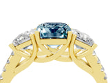 Yellow gold Three-Stone Emerald Cut Aquamarine Ring with Pavé Band and Prong Setting_16