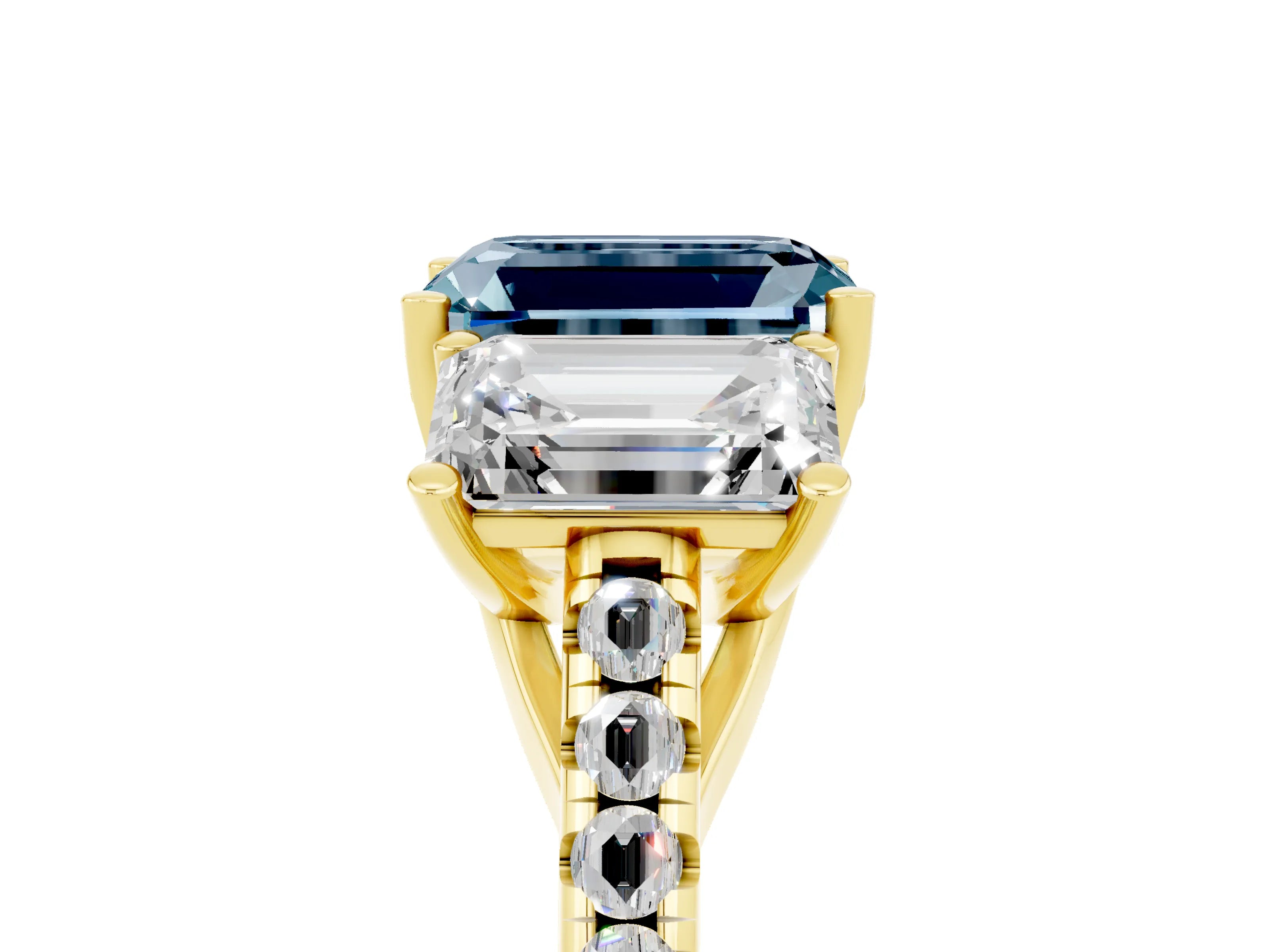 Yellow gold Three-Stone Emerald Cut Aquamarine Ring with Pavé Band and Prong Setting_17