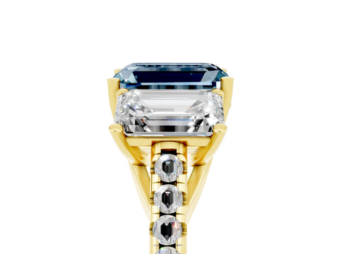Yellow gold Three-Stone Emerald Cut Aquamarine Ring with Pavé Band and Prong Setting_17