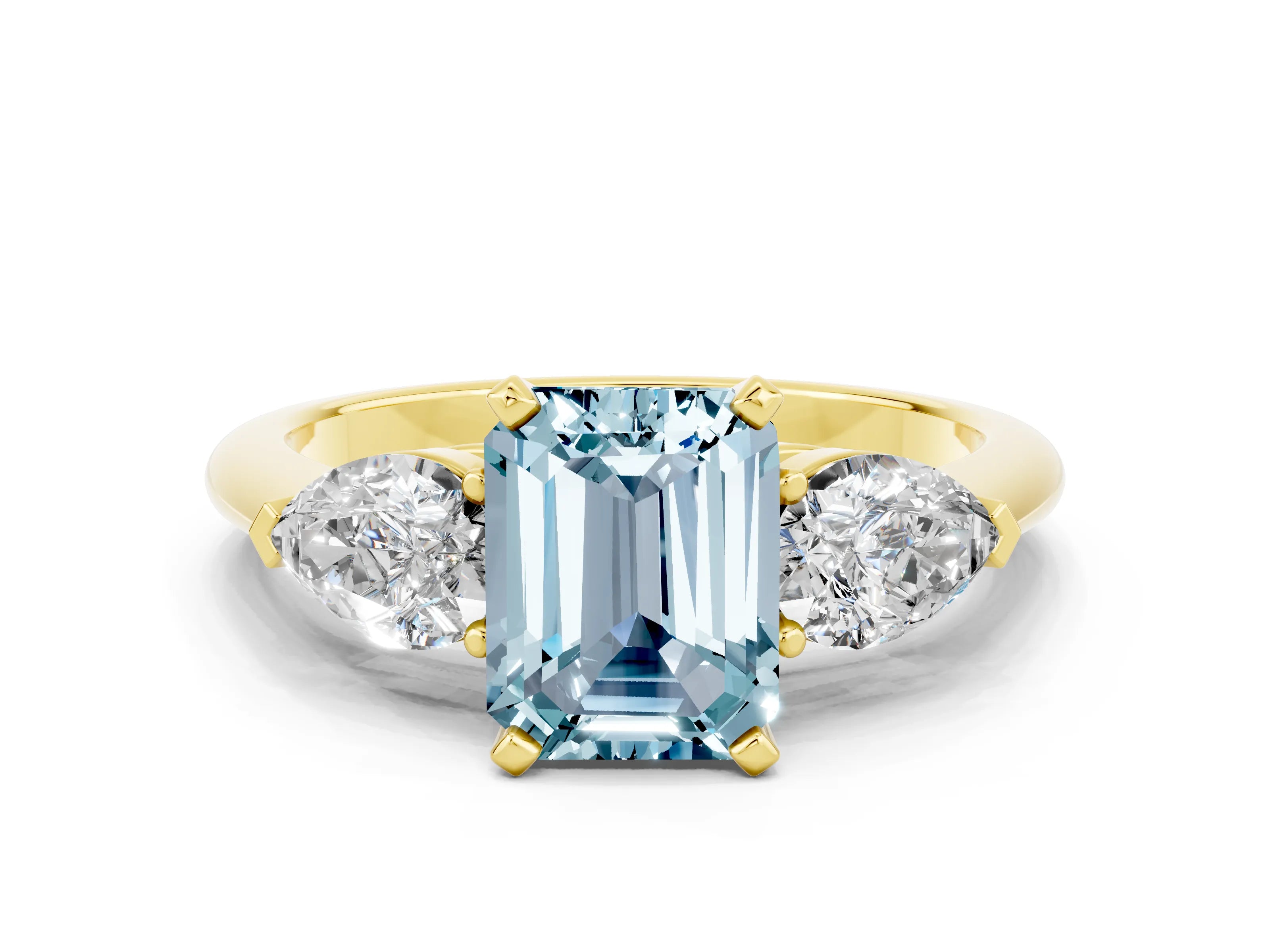 Yellow gold Three-Stone Emerald Cut Aquamarine Ring with Pear Side Stones and Four-Prong Setting