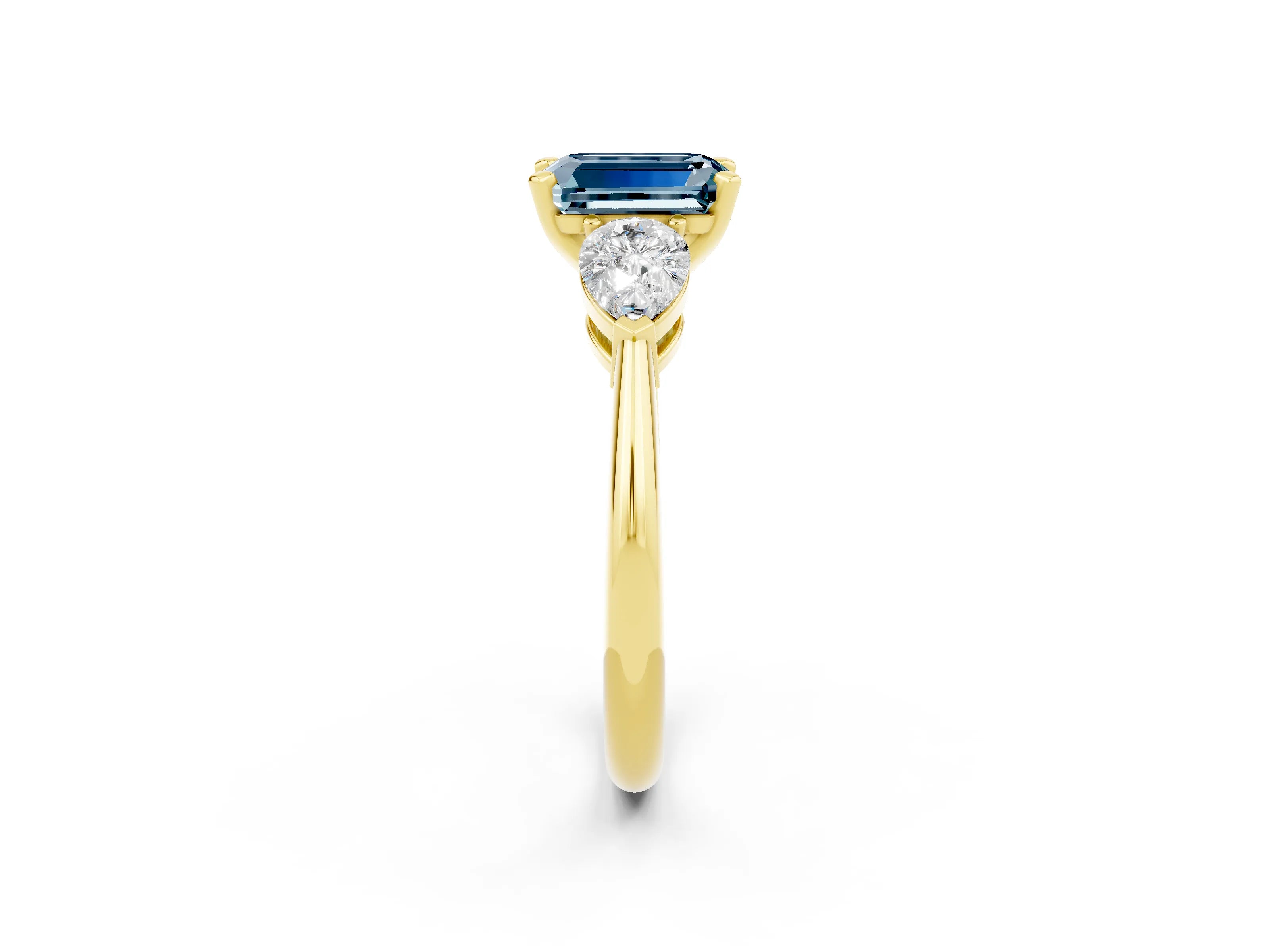 Yellow gold Three-Stone Emerald Cut Aquamarine Ring with Pear Side Stones and Four-Prong Setting_2