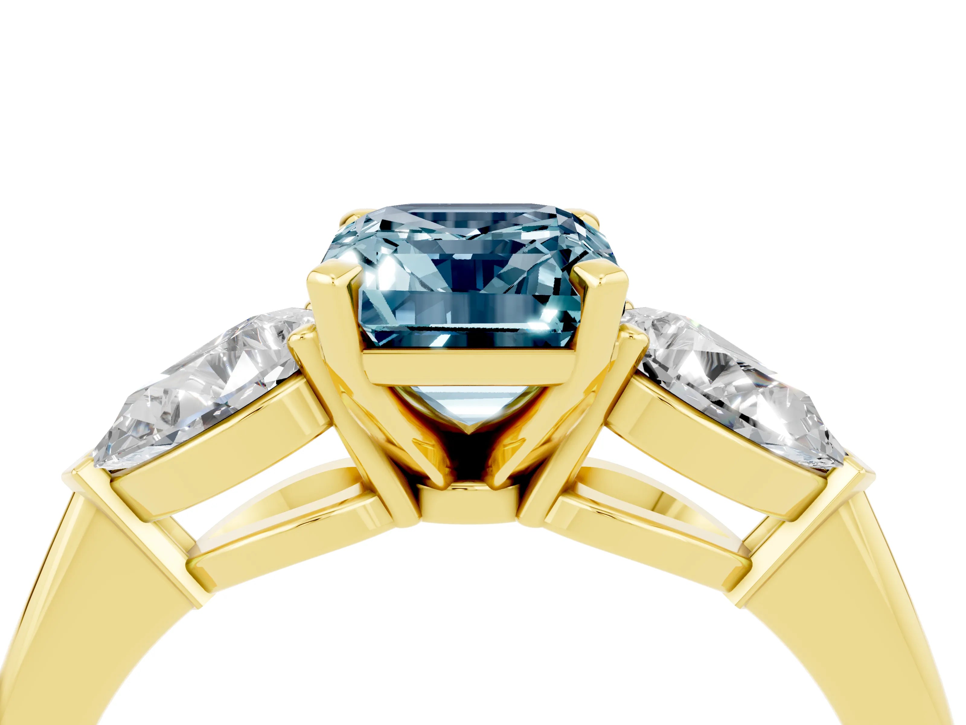 Yellow gold Three-Stone Emerald Cut Aquamarine Ring with Pear Side Stones and Four-Prong Setting_4