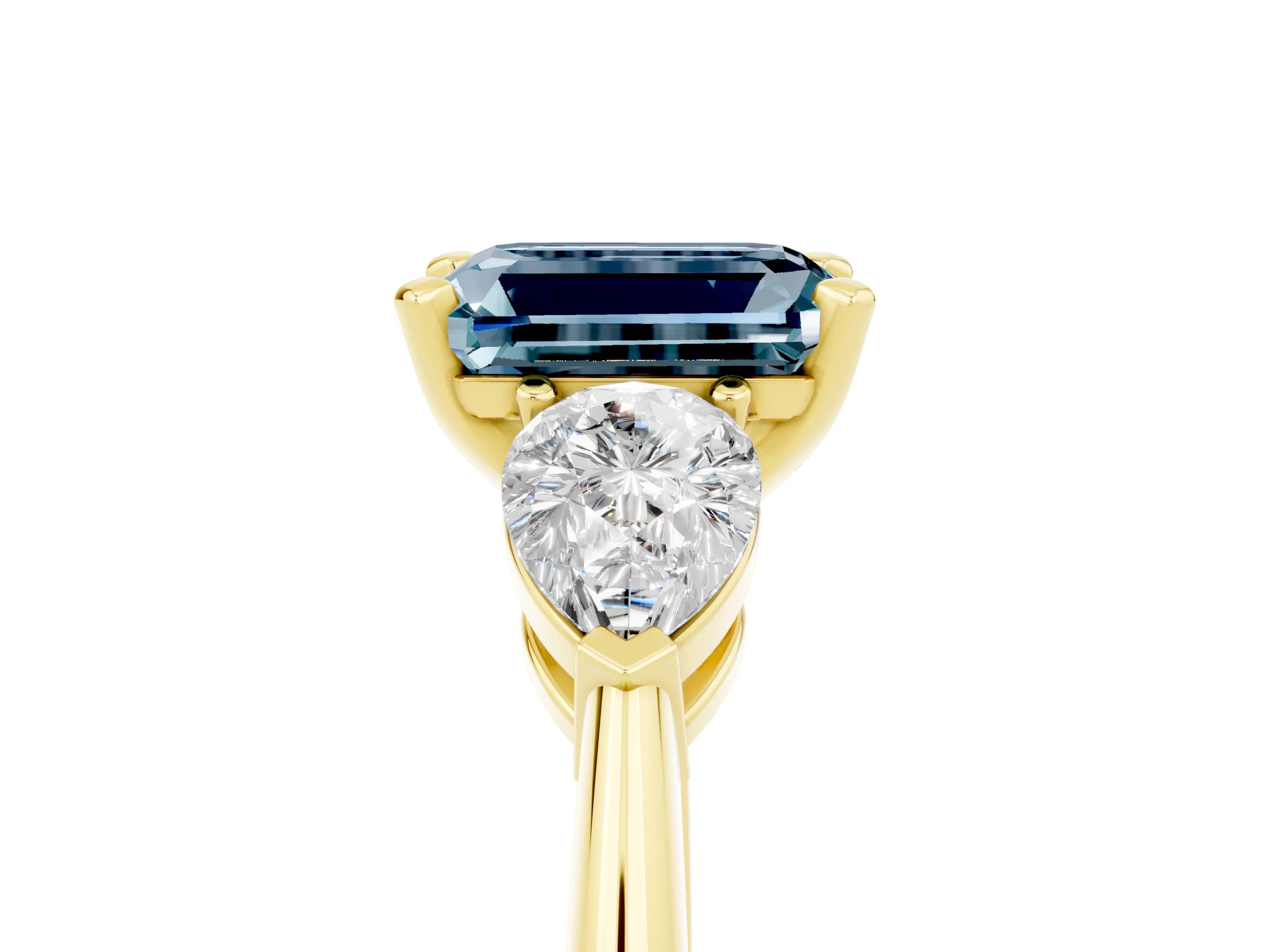 Yellow gold Three-Stone Emerald Cut Aquamarine Ring with Pear Side Stones and Four-Prong Setting_5