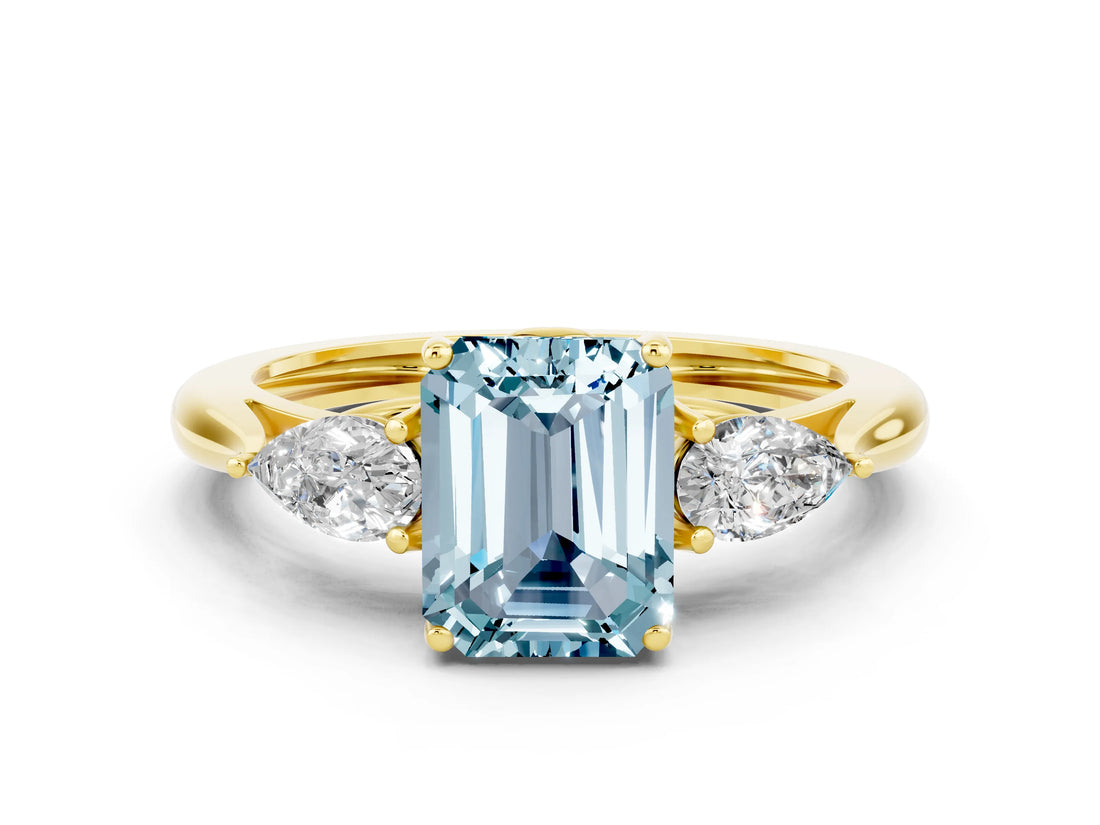 Yellow gold Three-Stone Emerald Cut Aquamarine Ring with Pear  Side Stones in Four-Prong Setting_12