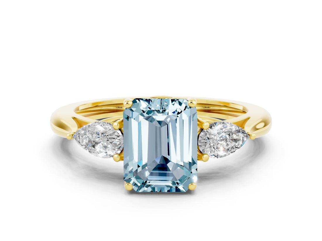 Yellow gold Three-Stone Emerald Cut Aquamarine Ring with Pear  Side Stones in Four-Prong Setting_36