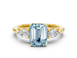 Yellow gold Three-Stone Emerald Cut Aquamarine Ring with Pear  Side Stones in Four-Prong Setting_36