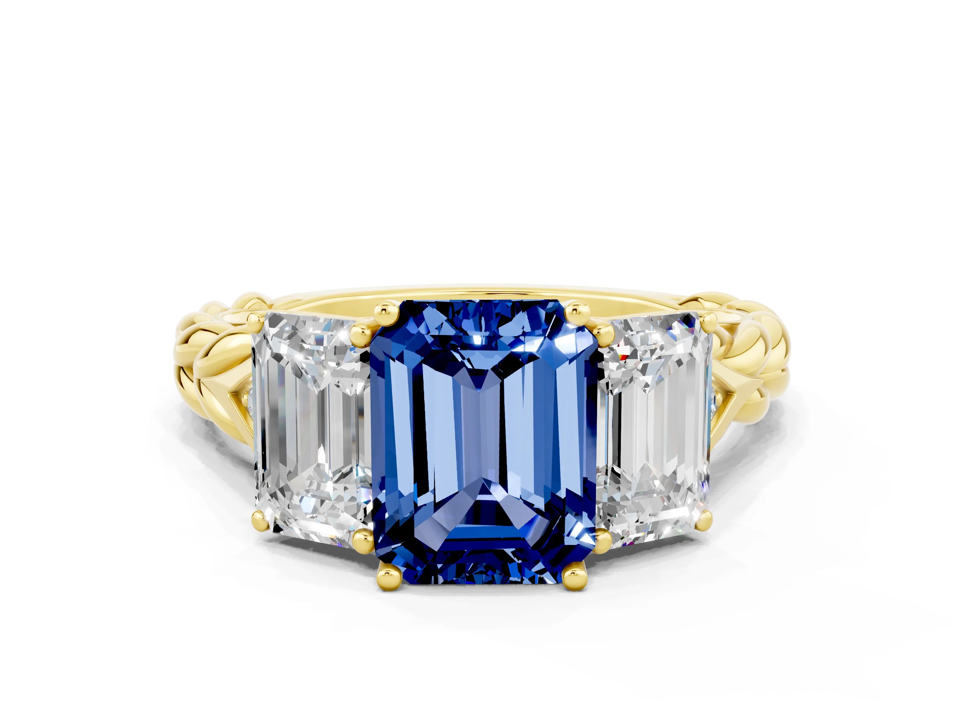 Yellow gold Three-Stone Emerald Cut Blue Sapphire Braided Band Ring with Four-Prong Setting_36