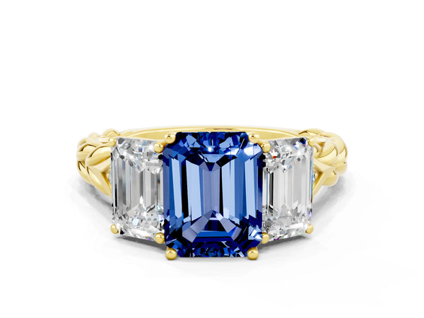 Yellow gold Three-Stone Emerald Cut Blue Sapphire Braided Band Ring with Four-Prong Setting