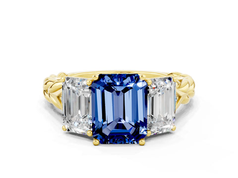 Yellow gold Three-Stone Emerald Cut Blue Sapphire Braided Band Ring with Four-Prong Setting_36