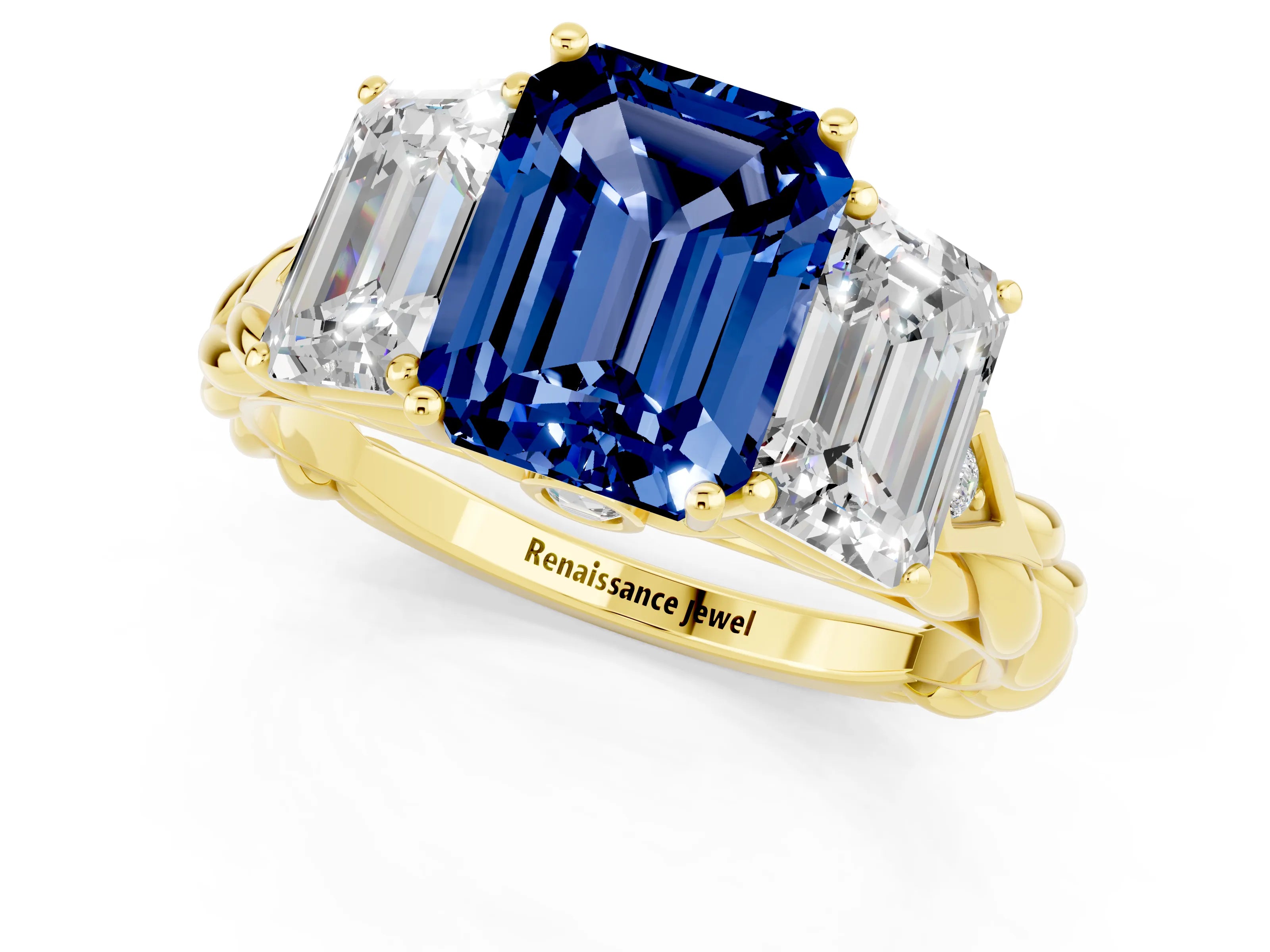 Yellow gold Three-Stone Emerald Cut Blue Sapphire Braided Band Ring with Four-Prong Setting_37