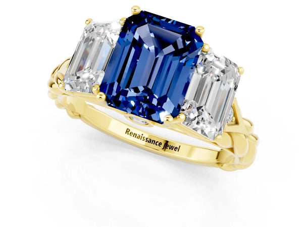 Yellow gold Three-Stone Emerald Cut Blue Sapphire Braided Band Ring with Four-Prong Setting