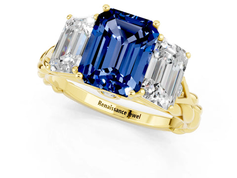 Yellow gold Three-Stone Emerald Cut Blue Sapphire Braided Band Ring with Four-Prong Setting_37