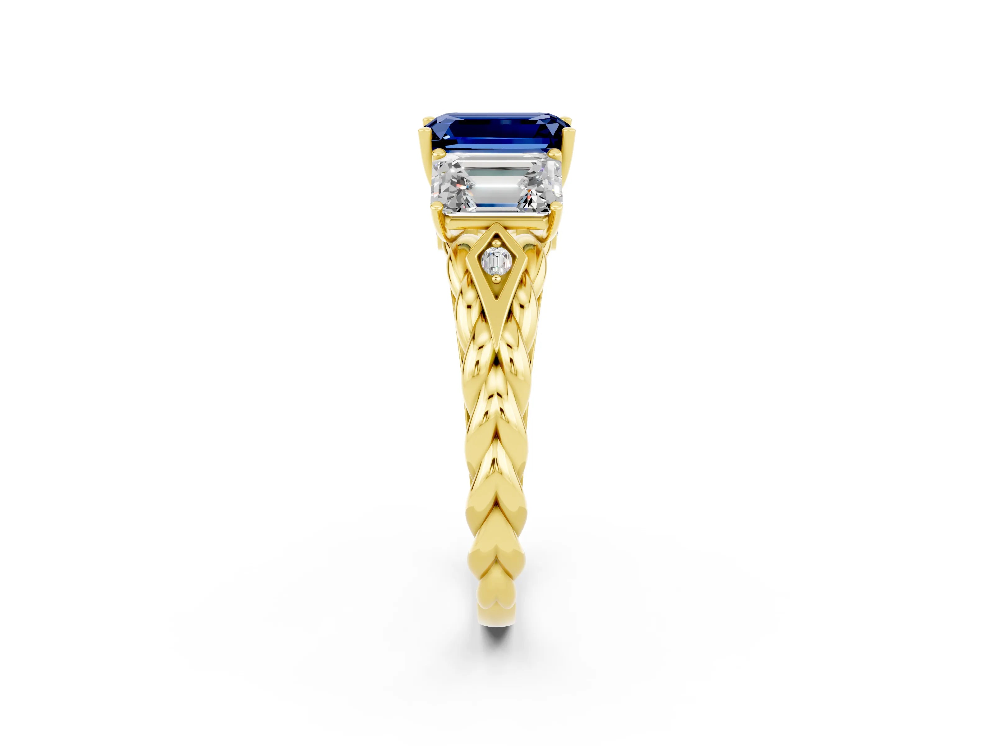 Yellow gold Three-Stone Emerald Cut Blue Sapphire Braided Band Ring with Four-Prong Setting_38