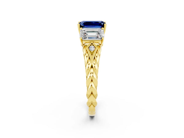 Yellow gold Three-Stone Emerald Cut Blue Sapphire Braided Band Ring with Four-Prong Setting