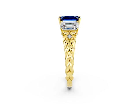Yellow gold Three-Stone Emerald Cut Blue Sapphire Braided Band Ring with Four-Prong Setting_38