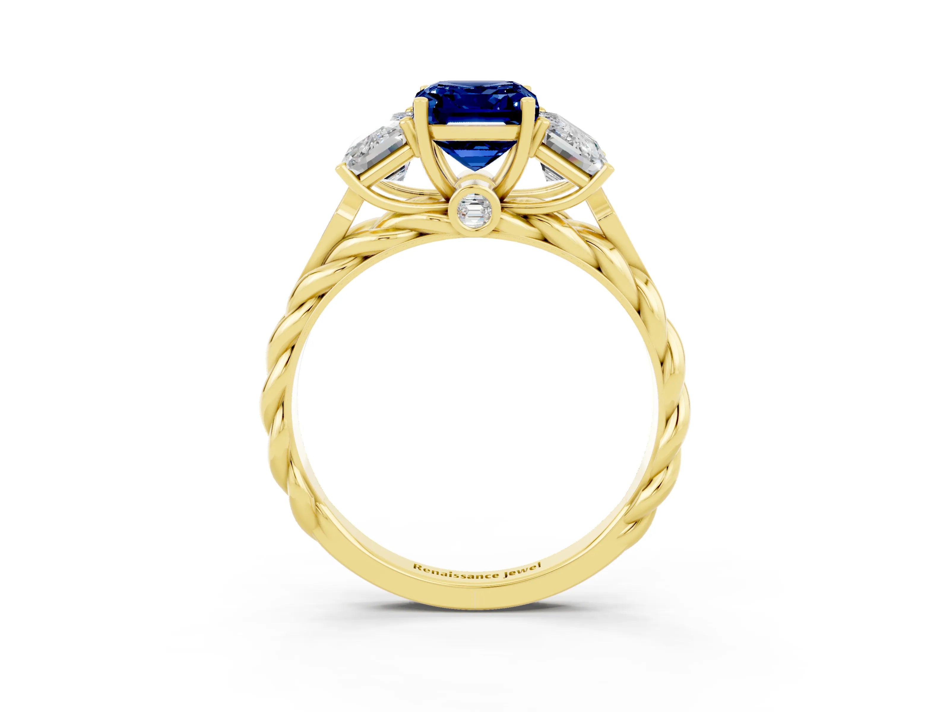 Yellow gold Three-Stone Emerald Cut Blue Sapphire Braided Band Ring with Four-Prong Setting_39