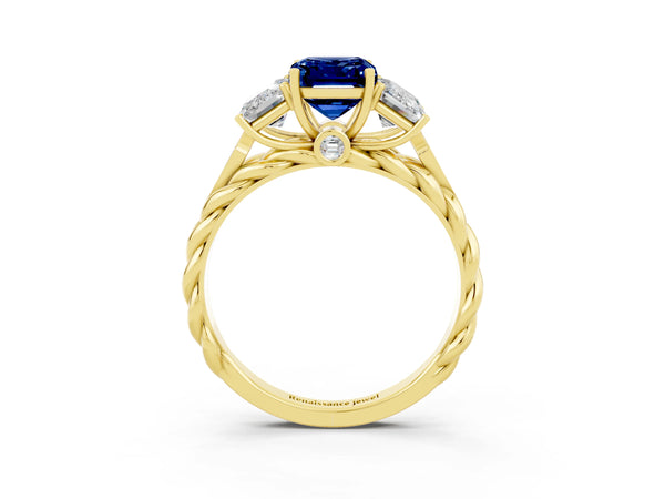 Yellow gold Three-Stone Emerald Cut Blue Sapphire Braided Band Ring with Four-Prong Setting