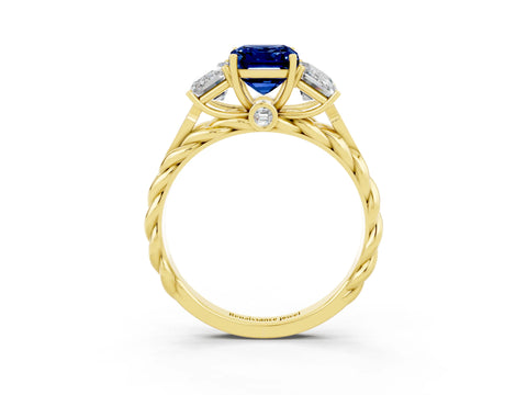 Yellow gold Three-Stone Emerald Cut Blue Sapphire Braided Band Ring with Four-Prong Setting_39