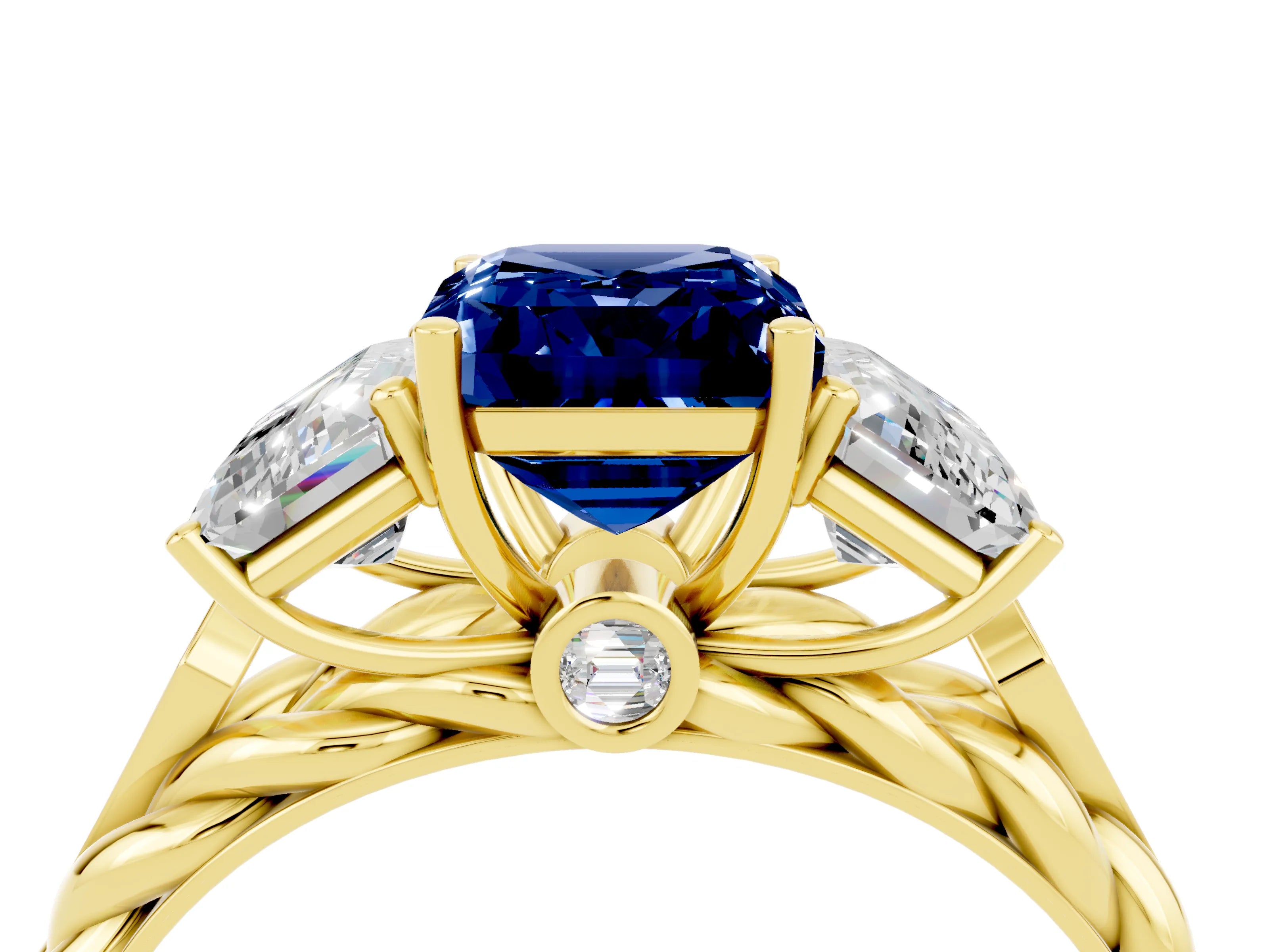 Yellow gold Three-Stone Emerald Cut Blue Sapphire Braided Band Ring with Four-Prong Setting_40