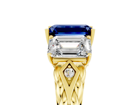 Yellow gold Three-Stone Emerald Cut Blue Sapphire Braided Band Ring with Four-Prong Setting_41