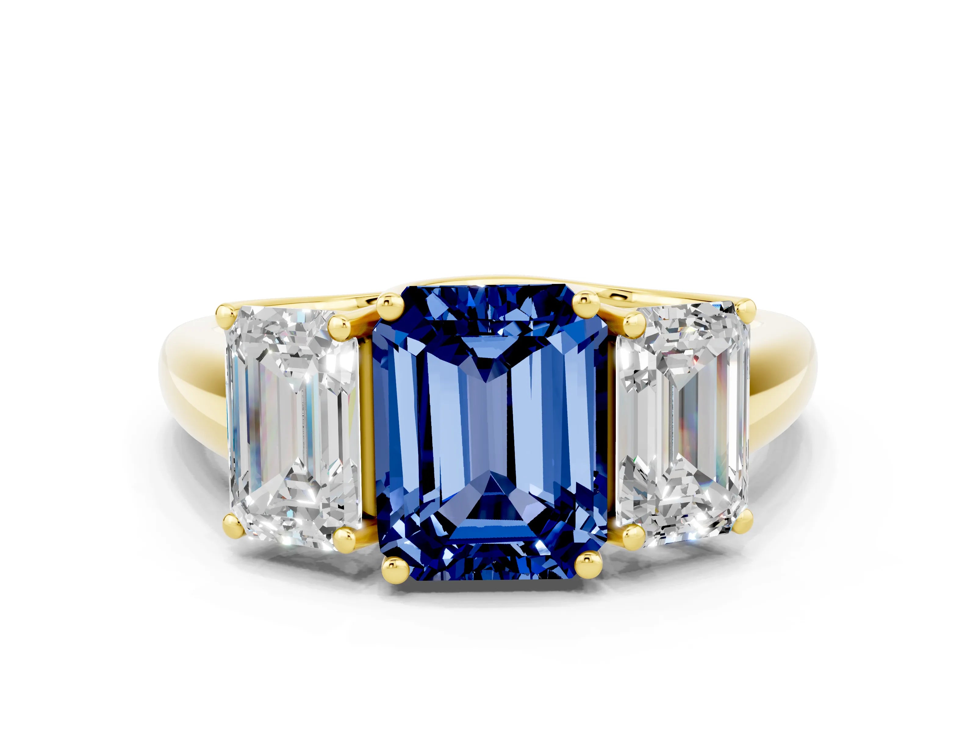 Yellow gold Three-Stone Emerald Cut Blue Sapphire Engagement Ring with Prong Setting