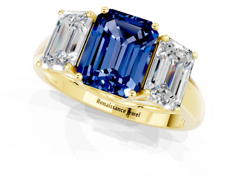 Yellow gold Three-Stone Emerald Cut Blue Sapphire Engagement Ring with Prong Setting_1