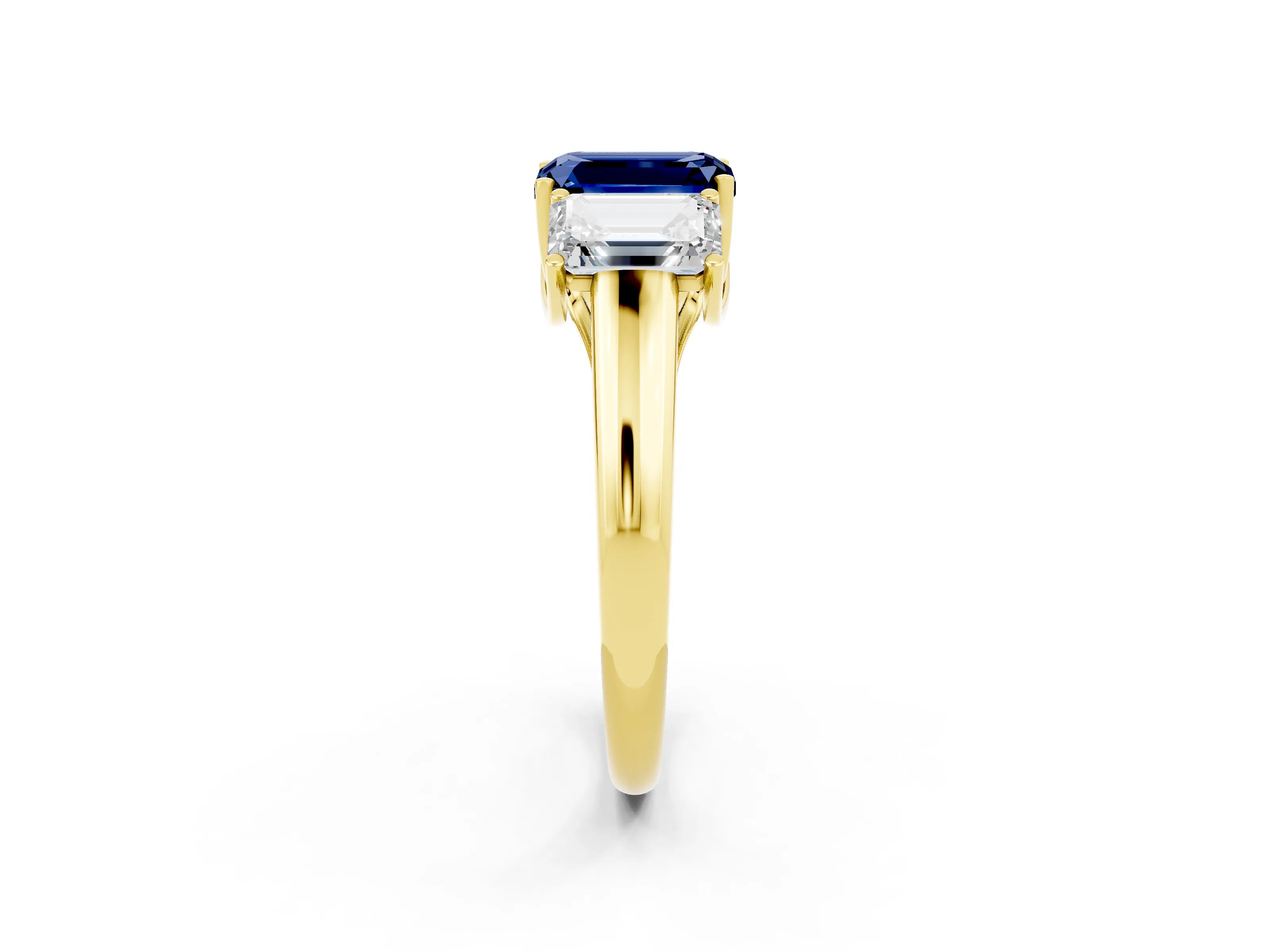 Yellow gold Three-Stone Emerald Cut Blue Sapphire Engagement Ring with Prong Setting_2