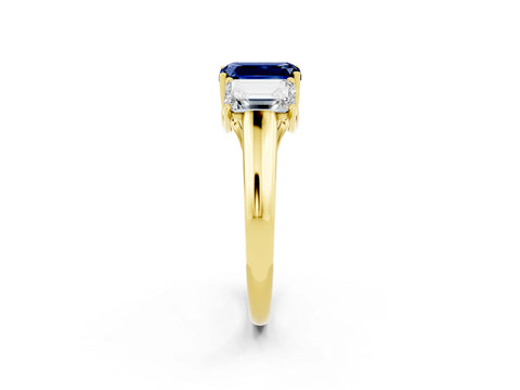Yellow gold Three-Stone Emerald Cut Blue Sapphire Engagement Ring with Prong Setting_2