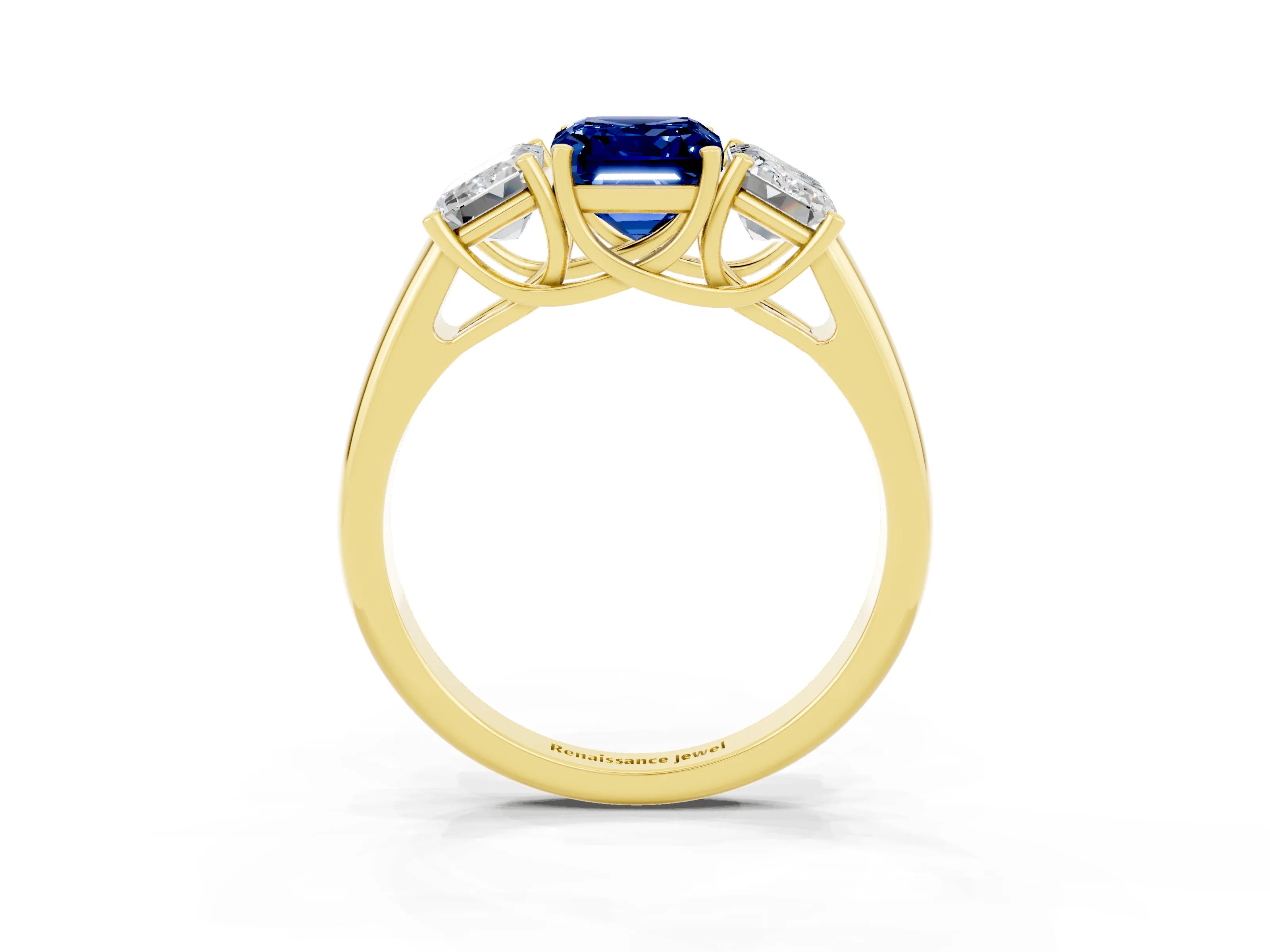 Yellow gold Three-Stone Emerald Cut Blue Sapphire Engagement Ring with Prong Setting_3