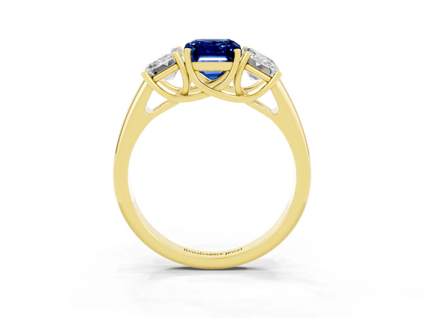 Yellow gold Three-Stone Emerald Cut Blue Sapphire Engagement Ring with Prong Setting