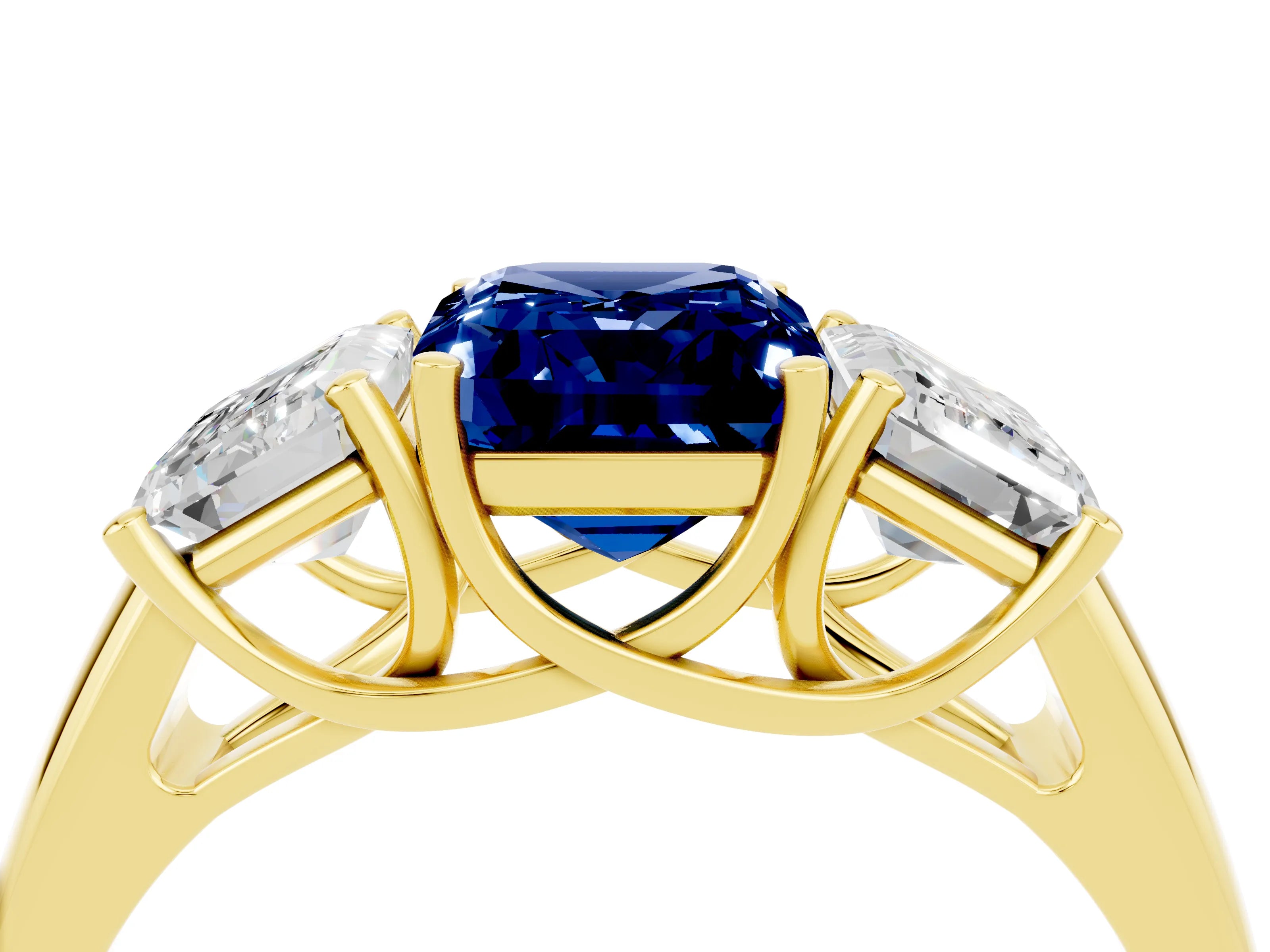 Yellow gold Three-Stone Emerald Cut Blue Sapphire Engagement Ring with Prong Setting_4