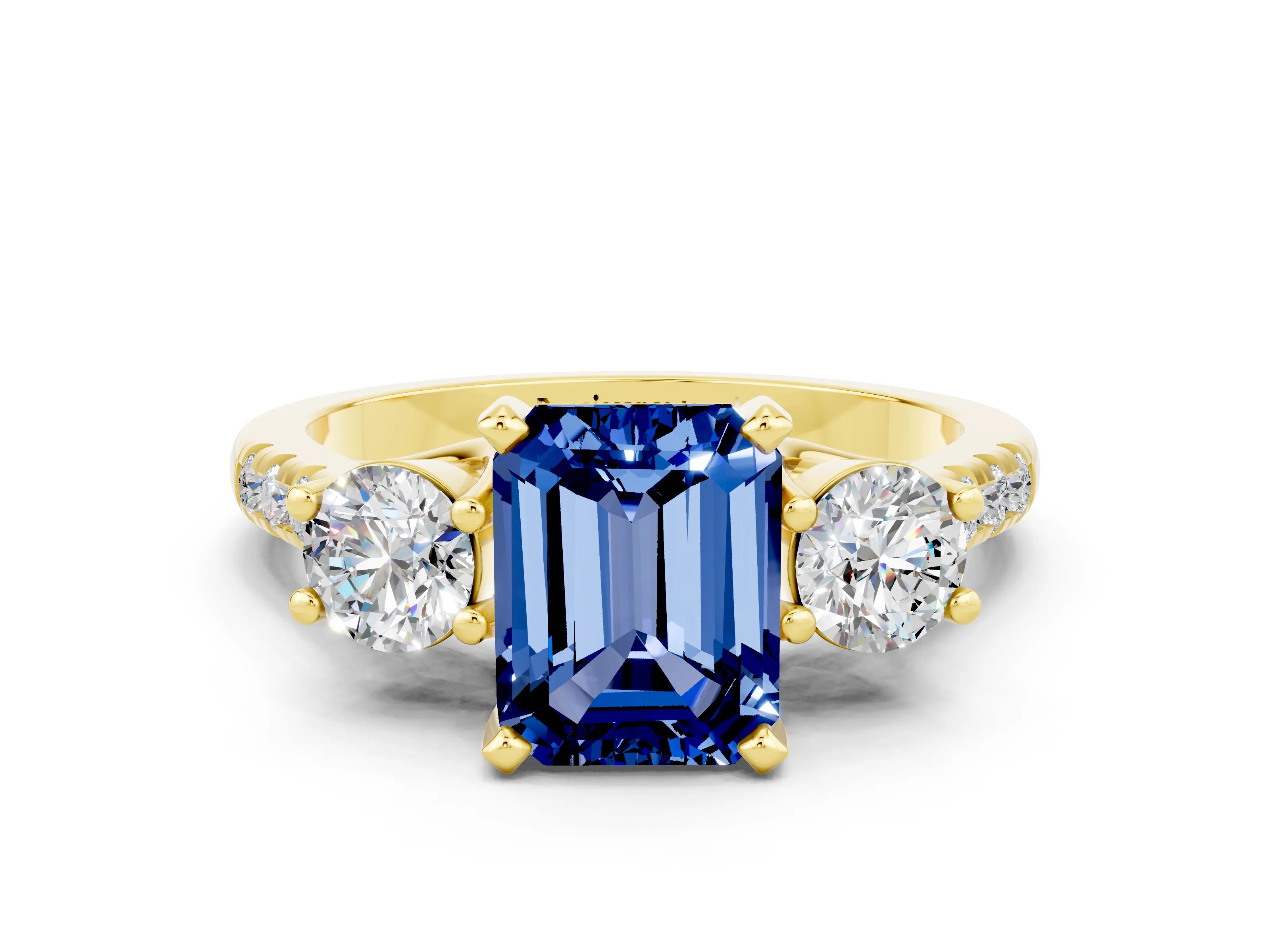 Yellow gold Three-Stone Emerald Cut Blue Sapphire Pavé Band with Four-Prong Setting