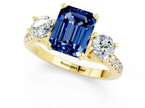 Yellow gold Three-Stone Emerald Cut Blue Sapphire Pavé Band with Four-Prong Setting_1