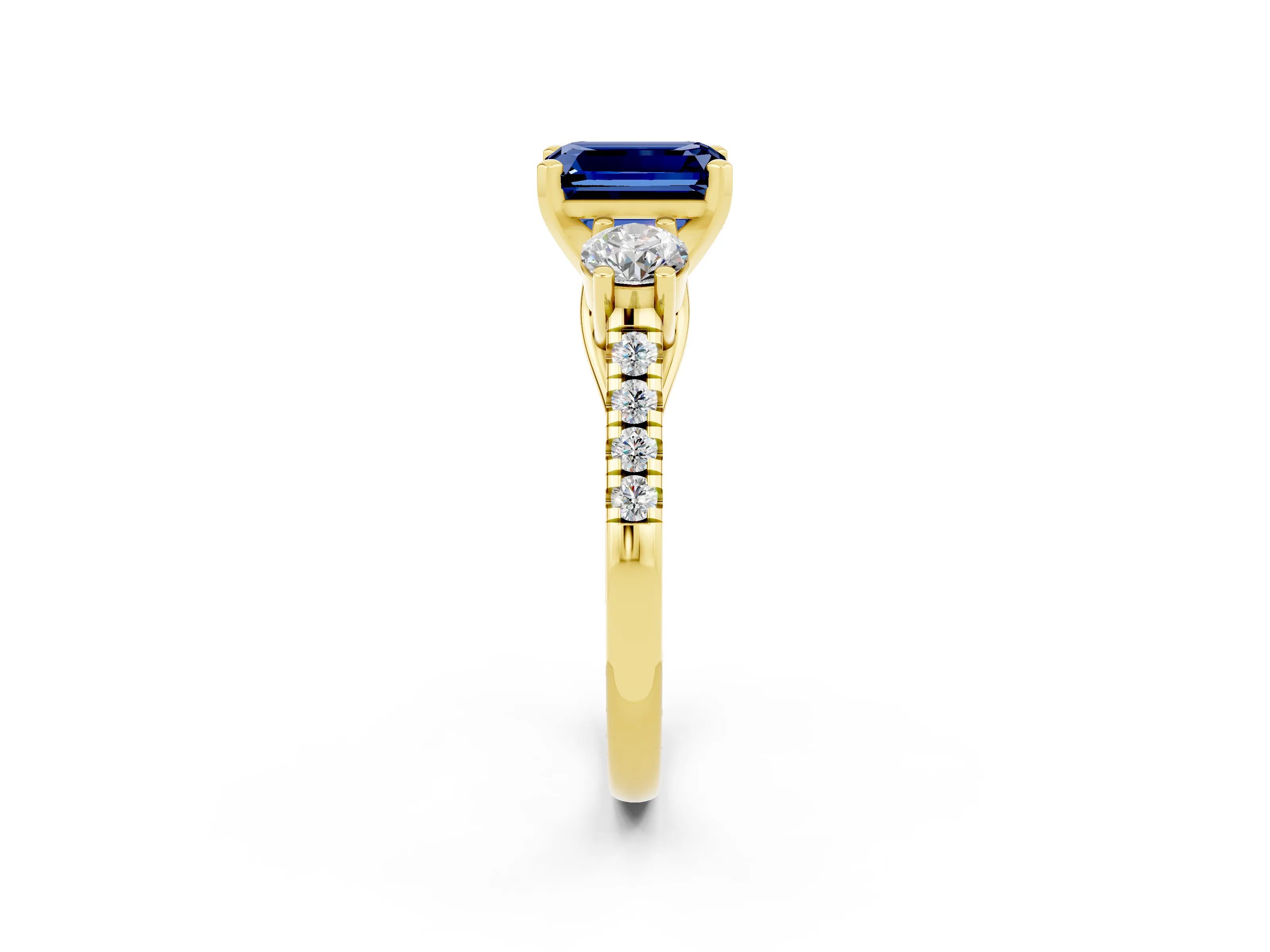 Yellow gold Three-Stone Emerald Cut Blue Sapphire Pavé Band with Four-Prong Setting_2