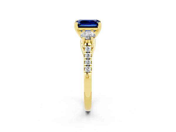 Yellow gold Three-Stone Emerald Cut Blue Sapphire Pavé Band with Four-Prong Setting
