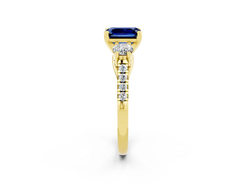 Yellow gold Three-Stone Emerald Cut Blue Sapphire Pavé Band with Four-Prong Setting_2