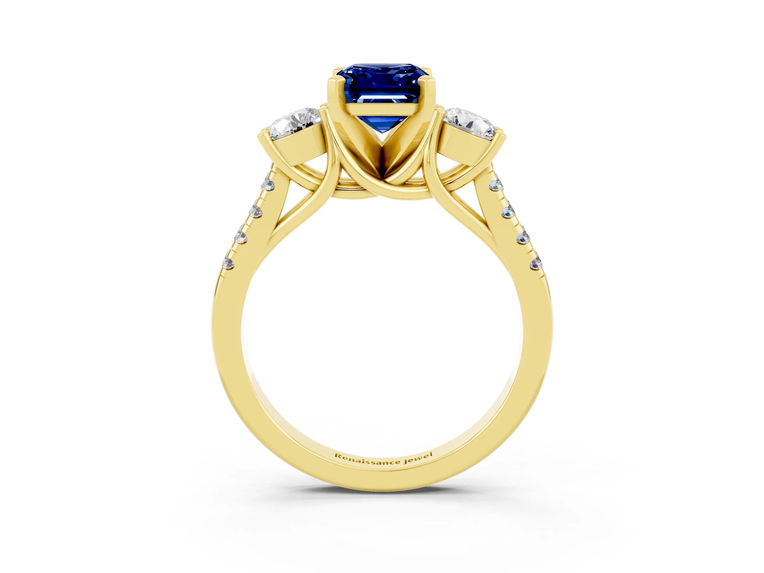 Yellow gold Three-Stone Emerald Cut Blue Sapphire Pavé Band with Four-Prong Setting_3