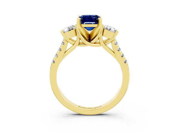 Yellow gold Three-Stone Emerald Cut Blue Sapphire Pavé Band with Four-Prong Setting