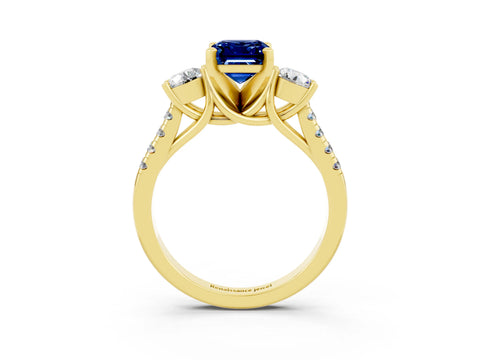 Yellow gold Three-Stone Emerald Cut Blue Sapphire Pavé Band with Four-Prong Setting_3