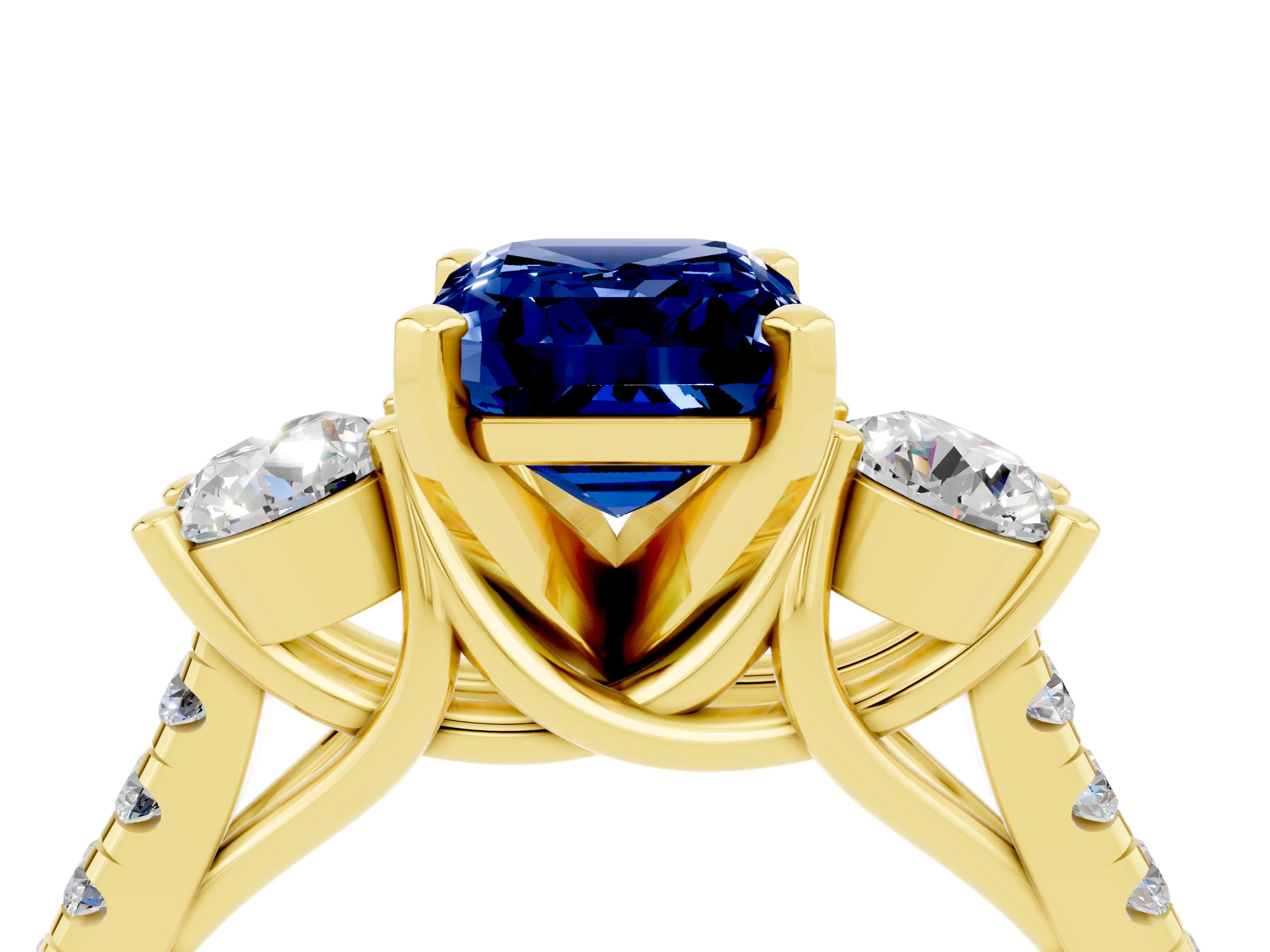 Yellow gold Three-Stone Emerald Cut Blue Sapphire Pavé Band with Four-Prong Setting_4