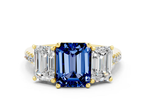 Yellow gold Three-Stone Emerald Cut Blue Sapphire Ring with Pavé Band and Prong Setting_12