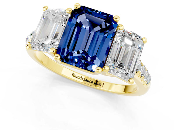 Yellow gold Three-Stone Emerald Cut Blue Sapphire Ring with Round  Pavé Band and Prong Setting