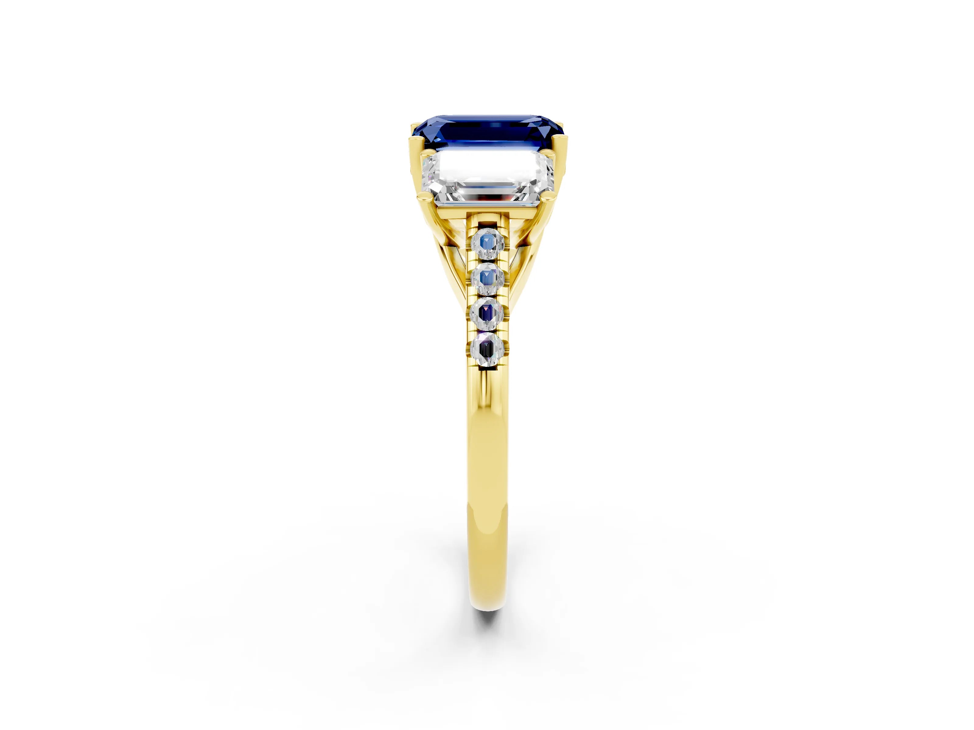 Yellow gold Three-Stone Emerald Cut Blue Sapphire Ring with Pavé Band and Prong Setting_14