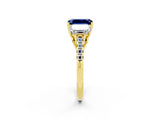 Yellow gold Three-Stone Emerald Cut Blue Sapphire Ring with Pavé Band and Prong Setting_14