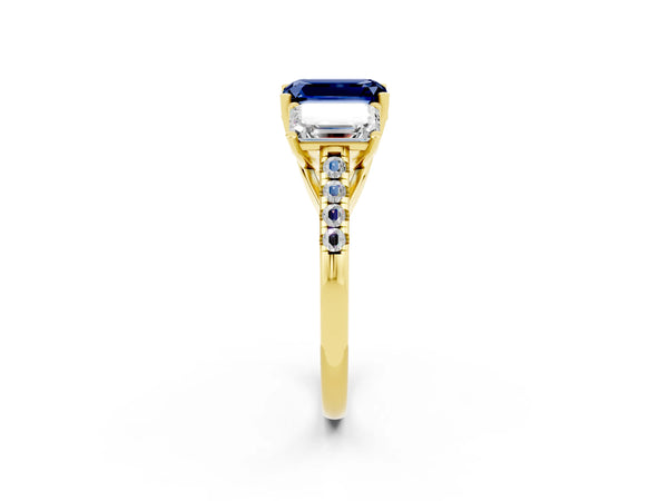Yellow gold Three-Stone Emerald Cut Blue Sapphire Ring with Round  Pavé Band and Prong Setting