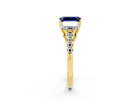 Yellow gold Three-Stone Emerald Cut Blue Sapphire Ring with Pavé Band and Prong Setting_14