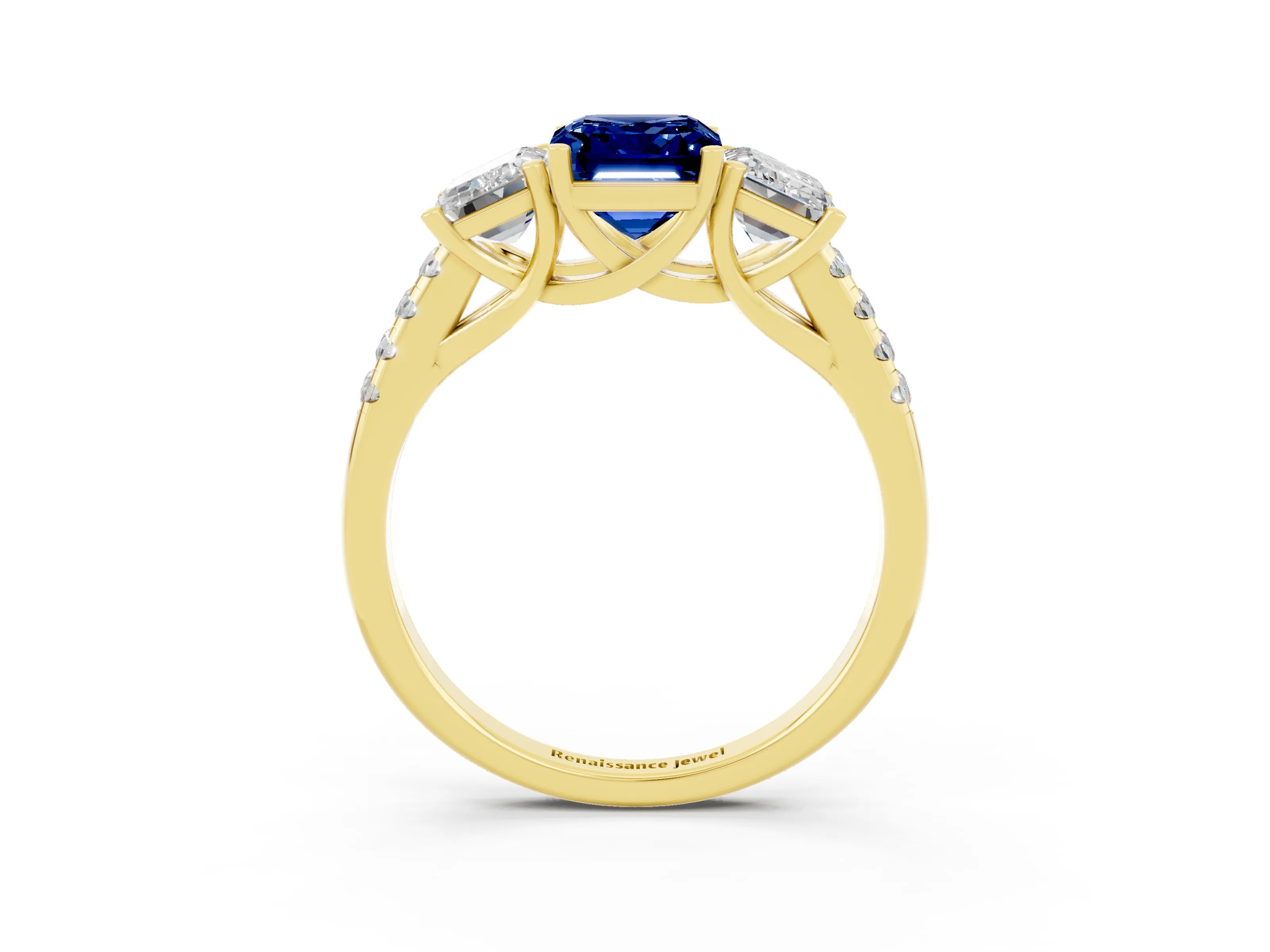 Yellow gold Three-Stone Emerald Cut Blue Sapphire Ring with Pavé Band and Prong Setting_15