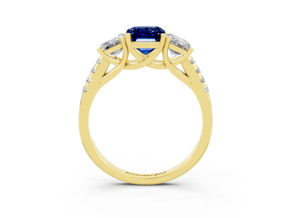 Yellow gold Three-Stone Emerald Cut Blue Sapphire Ring with Round  Pavé Band and Prong Setting