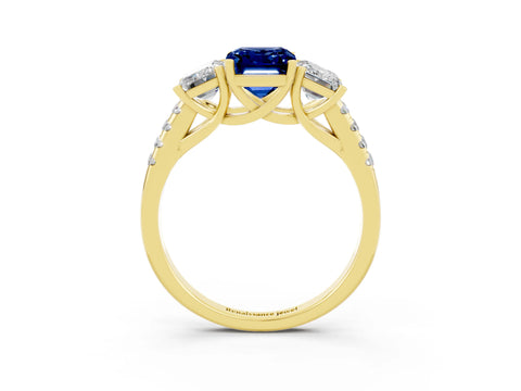 Yellow gold Three-Stone Emerald Cut Blue Sapphire Ring with Pavé Band and Prong Setting_15